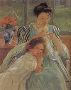 The young mother is sewing Mary Cassatt